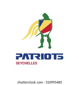Vector Seychelles Flag Patriots Soldier Logo. Mascot Character Design. Memorial Day Army man with Shield. Vector Freedom Leader Logo illustration