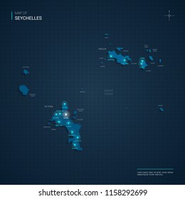 Vector Seychelles map illustration with blue neon lightpoints - triangle on dark blue gradient background. Administrative divisions, cities, borders, capital. Neon tech background with glow. 
