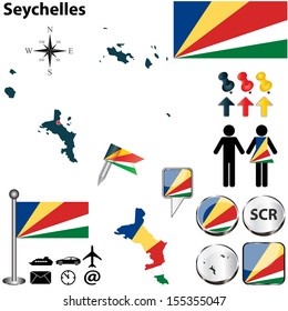 Vector of Seychelles set with detailed country shape with region borders, flags and icons