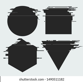 Vector sha peswith glitch tv distortion effect and a place for text, geometric shapes, triangle, circle, square, hexagone, isolated on white background, vector illustration