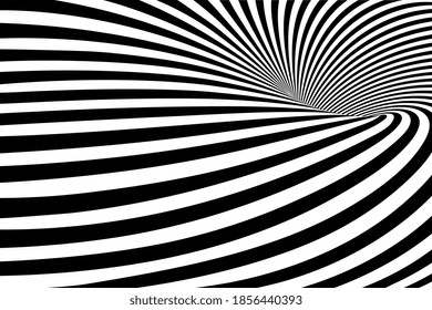 Vector shaded 3D illustraion of vortex view with geometrical hypnotic black and white flowing down below. Abstract Lines Design. Whirlpool or vortex shape. Distorted geometry. Vector illustration.