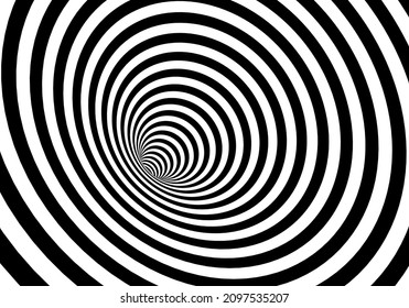 Vector shaded 3D illustration of tunnel vortex view with geometrical hypnotic black and white stripes flowing inside a hole.