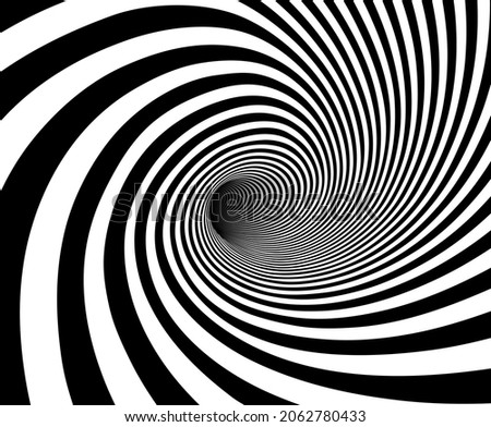 Vector shaded 3D illustration of tunnel vortex view with geometrical hypnotic black and white stripes flowing inside a hole. 