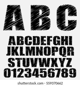Vector shaded font. Alphabet vector font. Type letters and numbers. illustration of chalk sketched characters.