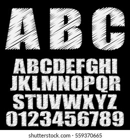 Vector shaded font. Alphabet vector font. Type letters and numbers. illustration of chalk sketched characters.
