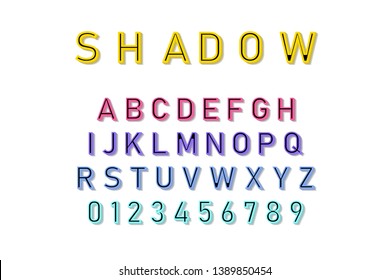 Vector Shadow Font in colorful color on white background. Font and alphabet with shadow. Lettering with shadows. Vector illustration