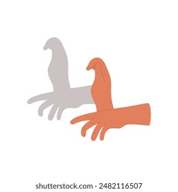 Vector shadow game icons. Hands form figures of a bird on a branch. Funny silhouette decorations for theater or creative concepts on a white background