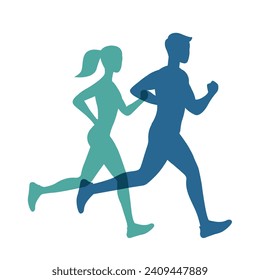Vector shadow running man and woman. Flat design.