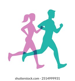 Vector shadow running man and woman illustration. Flat design.