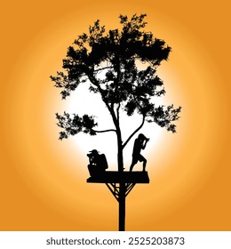 Vector shadow of two landscape photographers on stage in a pine tree house without a roof on sunset background.

