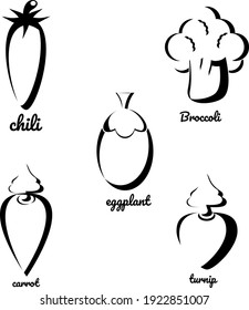 Vector shadow of vegetable eggplant, chilies, radishes, carrots and broccoli