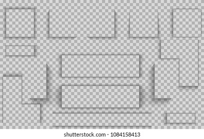 Vector shadows isolated. Set of shadow effects. Transparent paper and objects box square shadows. Wall and floor drop shadow vector collection.