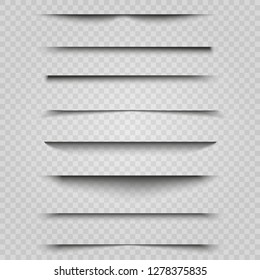 Vector shadows isolated. Transparent shadow realistic illustration.  Page divider with transparent shadows isolated. Pages vector set. 