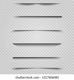 Vector shadows isolated. Transparent shadow realistic illustration. Page divider with transparent shadows isolated. Pages vector set. 