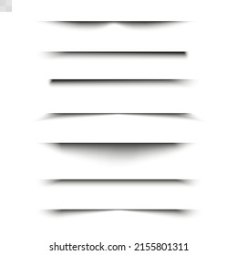 Vector shadows isolated. Transparent shadow realistic illustration. Page divider with transparent shadows isolated. Pages vector set.	