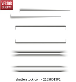 Vector shadows isolated. Transparent shadow realistic illustration. Page divider with transparent shadows isolated. Pages vector set.	