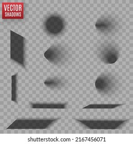 Vector shadows isolated. Transparent shadow realistic illustration. Page divider with transparent shadows isolated. Pages vector set.	