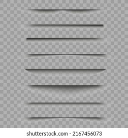 Vector shadows isolated. Transparent shadow realistic illustration. Page divider with transparent shadows isolated. Pages vector set.	