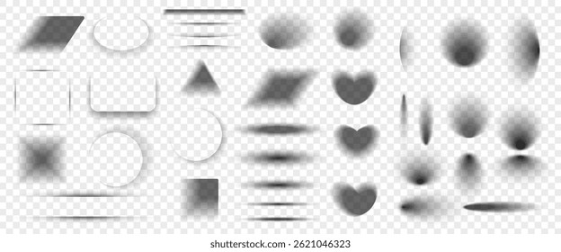 Sombras de vetor realísticas с definidas isoladas no plano de fundo transparente. Retângulo, quadrado, círculo, oval e outras formas de sombras para design.