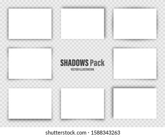 Vector shadows set. Page dividers on transparent background. Realistic isolated shadow and white blank paper in A4 format. Vector illustration.