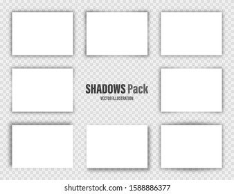 Vector shadows set. Page dividers on transparent background. Realistic isolated shadow and white blank paper in A4 format. Vector illustration.
