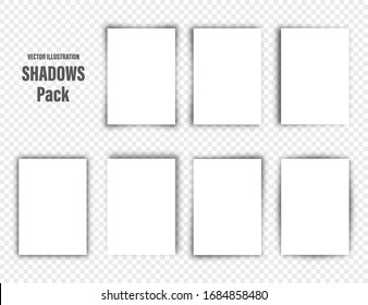 Sombras vectoriales montadas. Separadores de página en fondo transparente. Sombra aislada realista y papel blanco en formato A4. Ilustración vectorial.