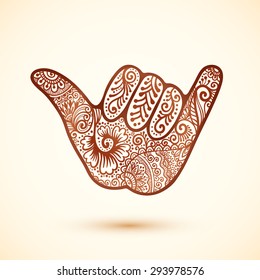 Vector shaka surfer's hand in Indian henna tattoo style