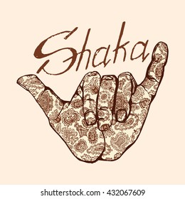 Vector shaka surfers hand in in Indian henna tattoo style. Can be use for flayer, poster, logo or t-shirt print with lettering and shaka. Typography vector Element.