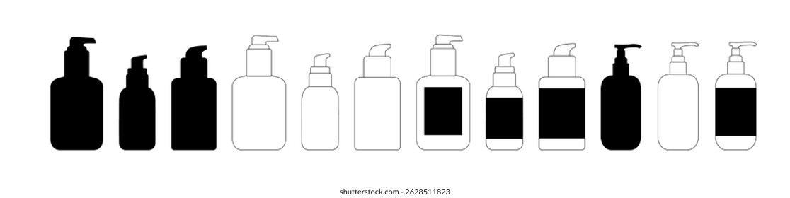 Vector Shampoo and Beauty Bottle Set. Skincare Product Silhouettes with Jars, Tubes and Containers for Cosmetics, Creams or Hygiene Packaging Design.