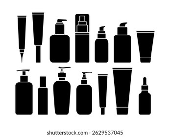 Vector Shampoo and Beauty Bottle Set. Skincare Product Silhouettes with Jars, Tubes and Containers for Cosmetics, Creams or Hygiene Packaging Design.