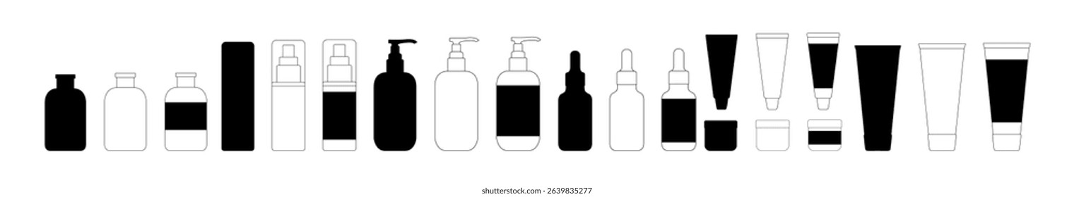 Vector Shampoo and Beauty Bottle Set. Skincare Product Silhouettes with Jars, Tubes and Containers for Cosmetics, Creams or Hygiene Packaging Design.