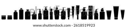 Vector Shampoo and Beauty Bottle Set. Skincare Product Silhouettes with Jars, Tubes and Containers for Cosmetics, Creams or Hygiene Packaging Design.