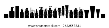 Vector Shampoo and Beauty Bottle Set. Skincare Product Silhouettes with Jars, Tubes and Containers for Cosmetics, Creams or Hygiene Packaging Design.