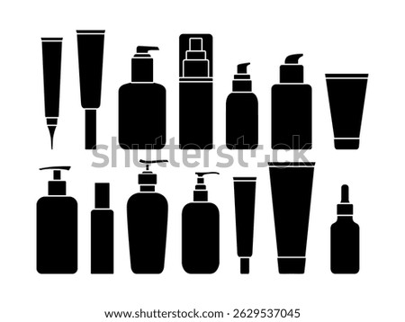 Vector Shampoo and Beauty Bottle Set. Skincare Product Silhouettes with Jars, Tubes and Containers for Cosmetics, Creams or Hygiene Packaging Design.