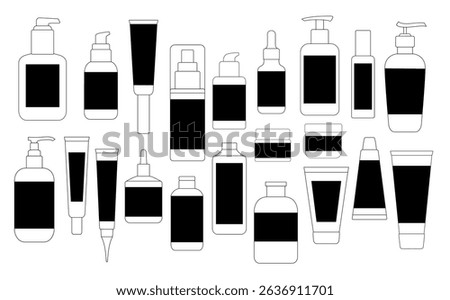 Vector Shampoo and Beauty Bottle Set. Skincare Product Silhouettes with Jars, Tubes and Containers for Cosmetics, Creams or Hygiene Packaging Design.