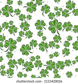 Vector Shamrock Seamless Pattern, square repeating background with cut out illustrations of falling shamrock leaves on white background for patrick's day wrapping paper