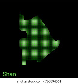 Vector Shan state map dotted silhouette with green dots on a black background (as on old ancient computers running DOS)