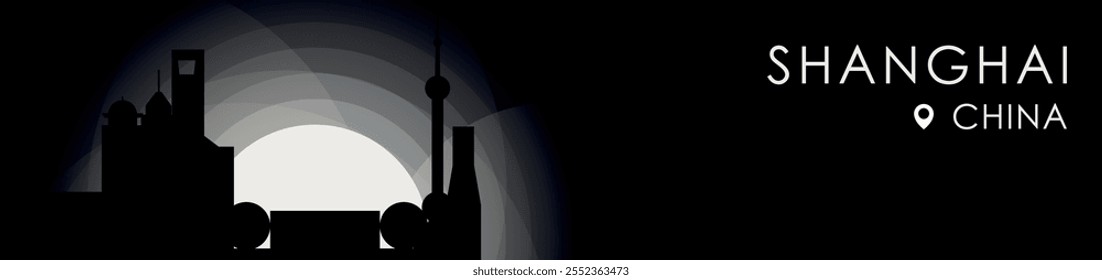 Vetor Shanghai, bandeira da paisagem urbana da China. Imagem de perfil de cartaz em preto-e-branco para cabeçalho, rodapé