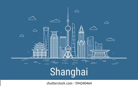 Vector Shanghai City. All Shanghai famous buildings. Line art style. Skyline 