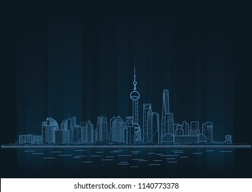 vector shanghai skyline, shanghai financial center, line art style