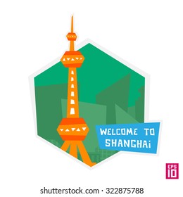 Vector shanghai tower oriental pearl colorful illustration label.
