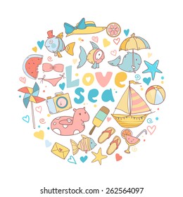 Vector shape of circle with cute cartoon summer icons and text love sea, stars, fishes, ships and other sea beach elements