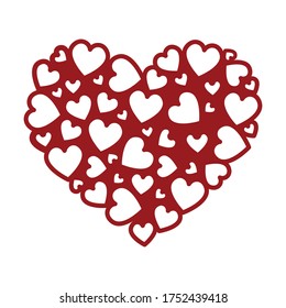Vector shape confetti splash with white hearts inside. Valentine's Day background congratulation card. Heart form of a lot of small hearts on a white background