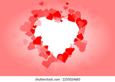 Vector shape confetti splash with white heart inside for copy space. Valentine's Day background congratulation card. Heart form of a lot of small hearts on gradient pink background