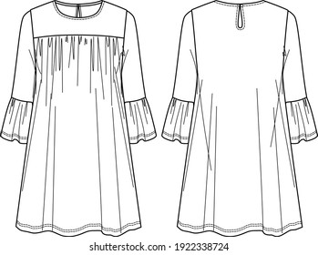 Vector a shape dress fashion CAD, round neck woman dress with frill details technical drawing, sketch, template, flat. Jersey or woven fabric dress with front, back view, white color