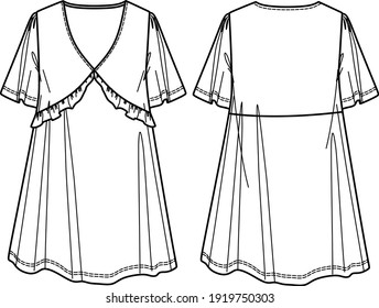 Vector a shape fashion dress CAD, woman' summer dress technical drawing. Plus size dress sketch, template