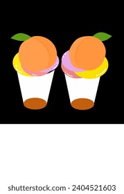 Vector shape of ice cream stacked with peaches on top of ice cream placed in a bowl