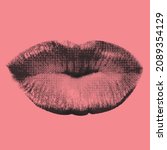 Vector shape illustration of cut woman lips in kiss shape and in black halftone effect made from small dots on pink background