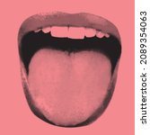 Vector shape illustration of woman lips with visible teeth showing tongue in black halftone effect made from small dots on pink background