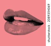 Vector shape illustration of woman lips with open mouth and visible teeth in black halftone effect made from small dots on pink background